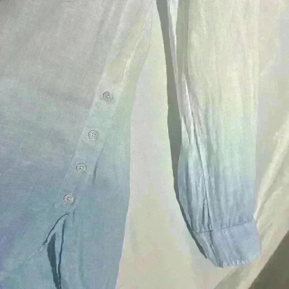 Talbots 100% Linen Beach Ombré Dip Dye Blue Tunic Roll Tab Sleeves Size Medium - Picture 6 of 10